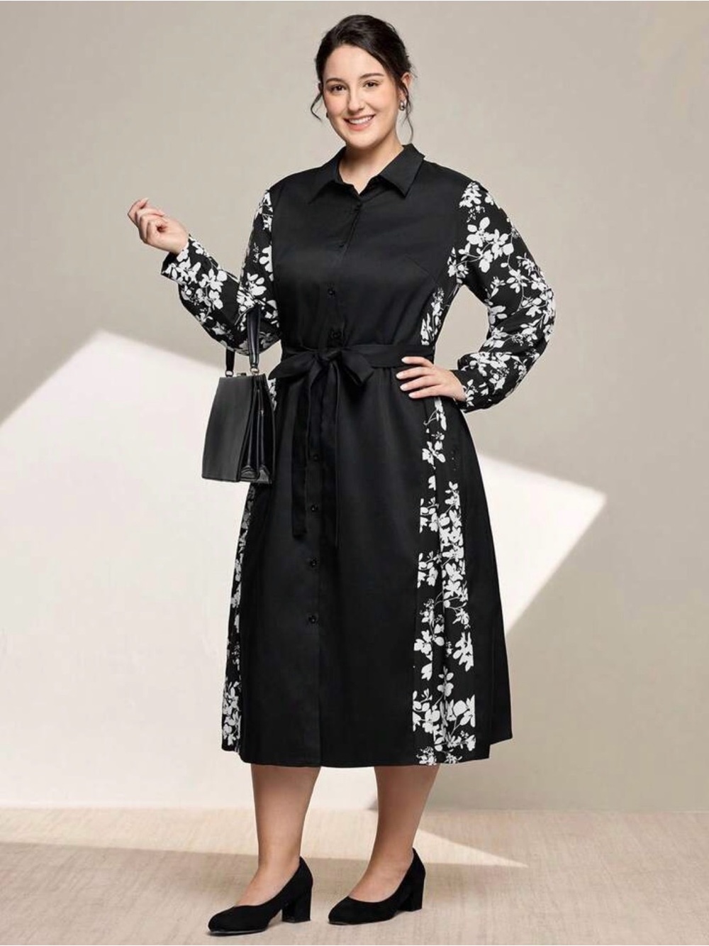 Black Midi Shirt Dress with Floral Sleeve Panels